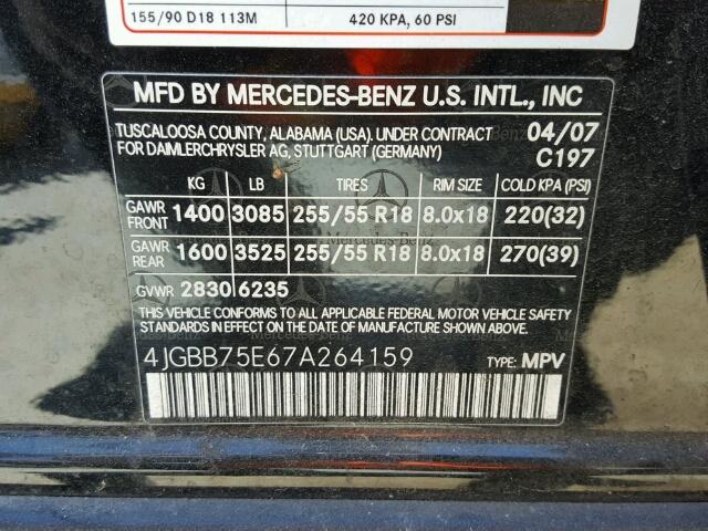 4JGBB75E67A264159 - 2007 MERCEDES-BENZ ML 500 BLACK photo 10