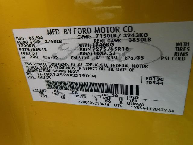 1FTPX14524KD19884 - 2004 FORD F150 YELLOW photo 10