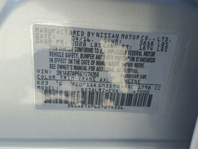 3N1AB7AP6GY274356 - 2016 NISSAN SENTRA S SILVER photo 10