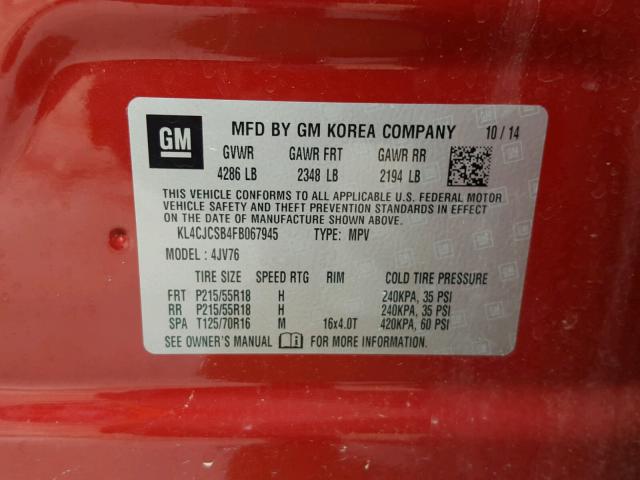 KL4CJCSB4FB067945 - 2015 BUICK ENCORE RED photo 10