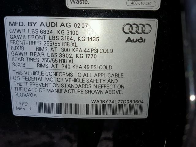 WA1BY74L77D080604 - 2007 AUDI Q7 3.6 QUA BLACK photo 10