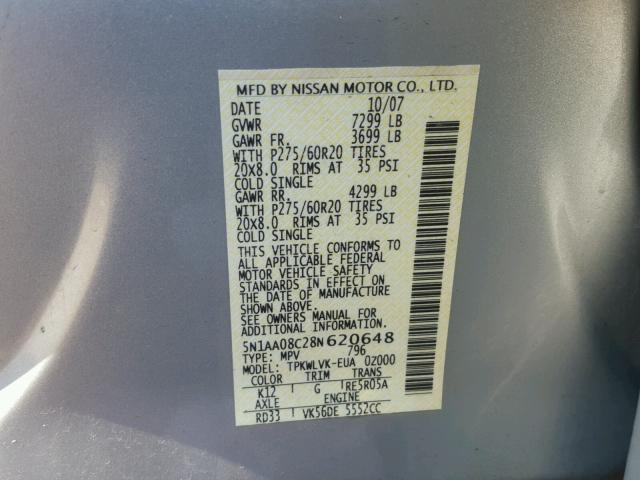 5N1AA08C28N620648 - 2008 NISSAN ARMADA SE SILVER photo 10