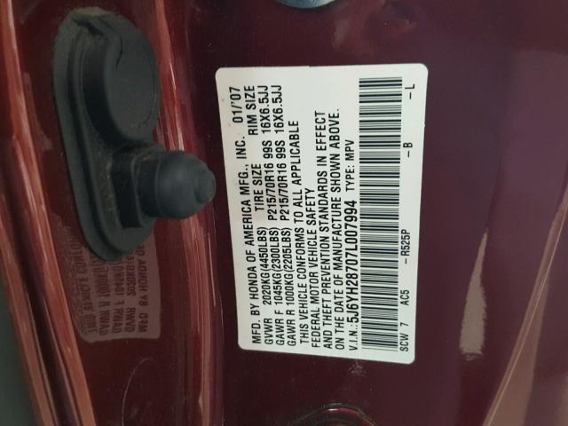 5J6YH28707L007994 - 2007 HONDA ELEMENT EX BURGUNDY photo 10