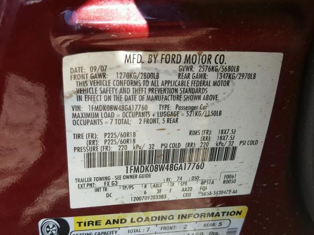 1FMDK08W48GA17760 - 2008 FORD TAURUS X E RED photo 10