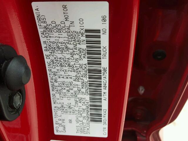 3TMJU62N09M090247 - 2009 TOYOTA TACOMA RED photo 10