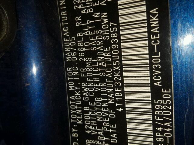 4T1BE32KX5U093857 - 2005 TOYOTA CAMRY LE ლურჯი ფოტო 10