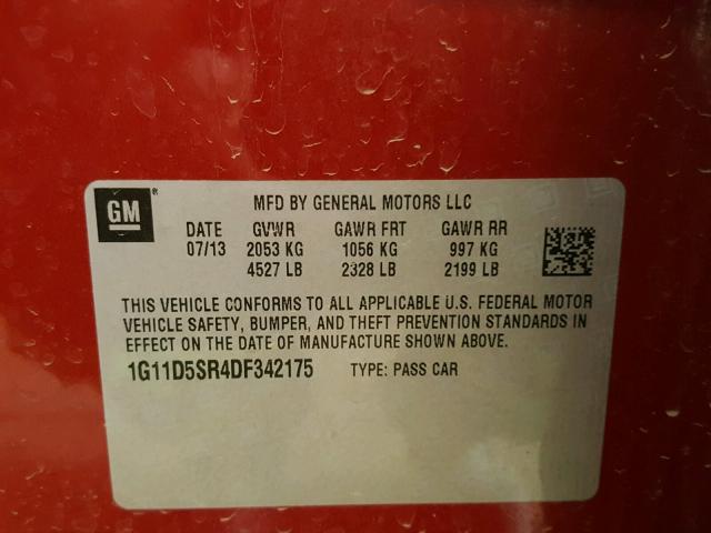 1G11D5SR4DF342175 - 2013 CHEVROLET MALIBU 1LT 红色 照片 10