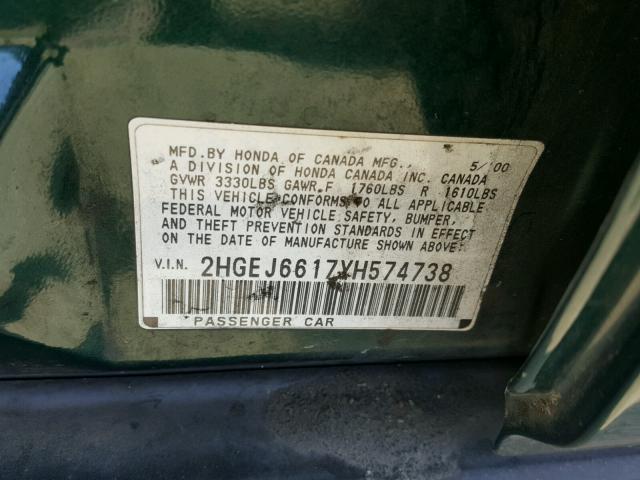 2HGEJ6617YH574738 - 2000 HONDA CIVIC BASE GREEN photo 10