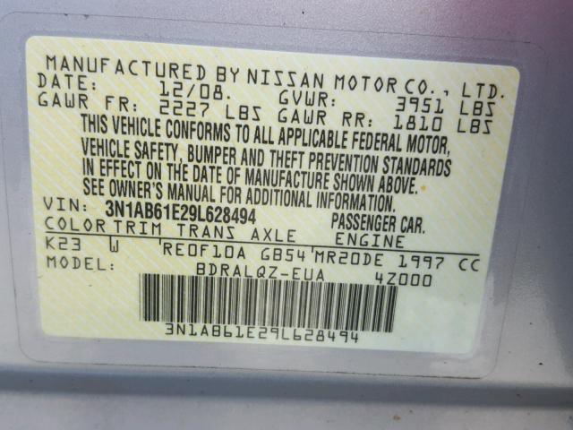 3N1AB61E29L628494 - 2009 NISSAN SENTRA 2.0 SILVER photo 10