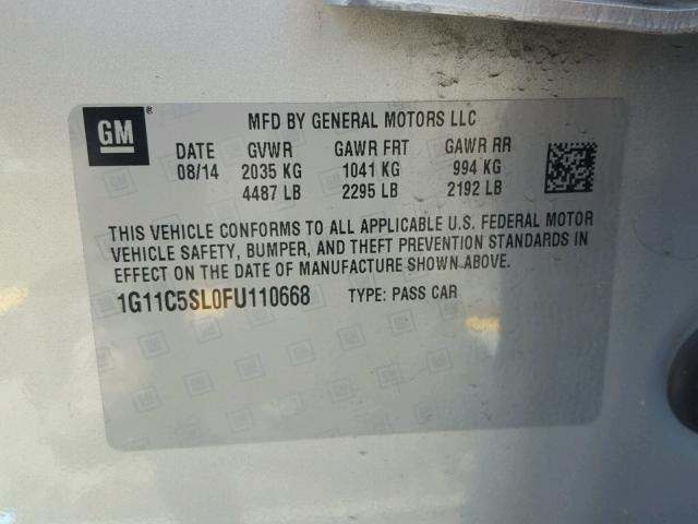 1G11C5SL0FU110668 - 2015 CHEVROLET MALIBU 1LT 银色 照片 10