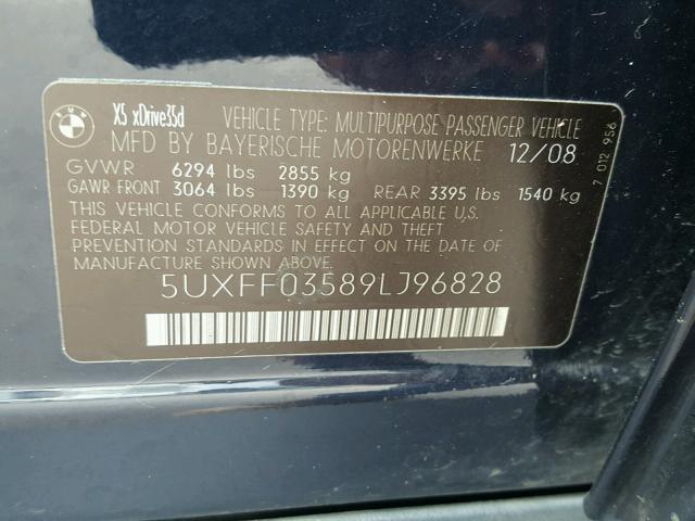5UXFF03589LJ96828 - 2009 BMW X5 XDRIVE3 BLUE photo 10