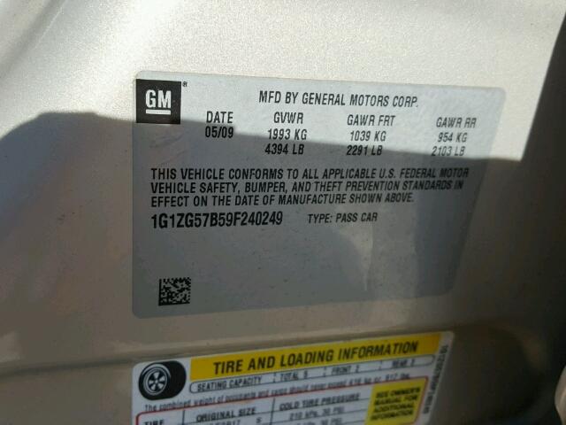 1G1ZG57B59F240249 - 2009 CHEVROLET MALIBU LS თაფლისფერი ფოტო 10