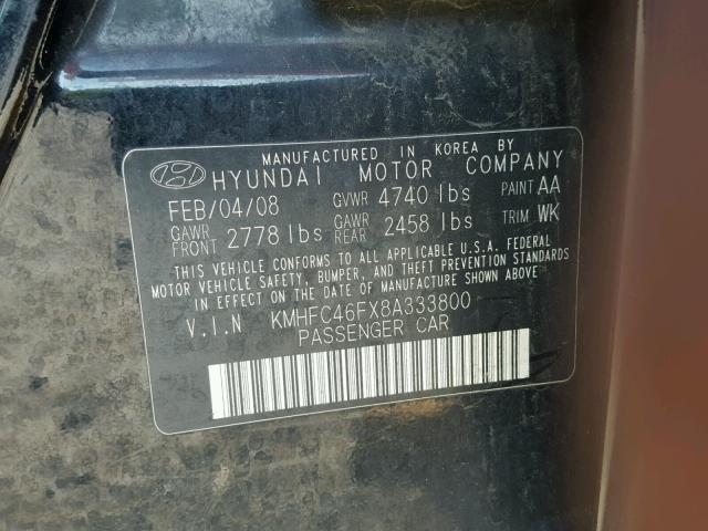 KMHFC46FX8A333800 - 2008 HYUNDAI AZERA SE BLACK photo 10