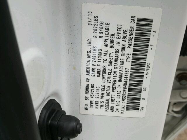 1HGCR3F84DA044957 - 2013 HONDA ACCORD EXL WHITE photo 10