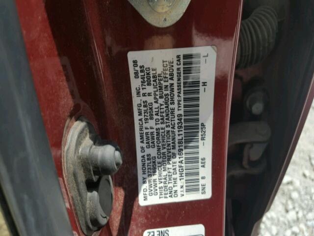 1HGFA16918L119349 - 2008 HONDA CIVIC EXL 红色 照片 10