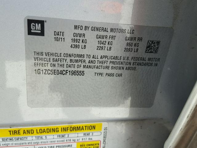 1G1ZC5E04CF196555 - 2012 CHEVROLET MALIBU 1LT SILVER photo 10