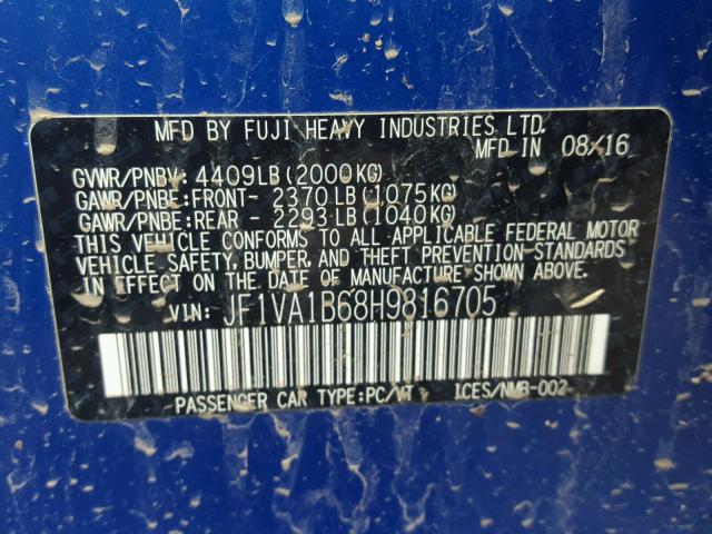 JF1VA1B68H9816705 - 2017 SUBARU WRX BLUE photo 10