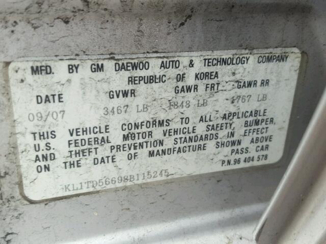 KL1TD56698B115245 - 2008 CHEVROLET AVEO BASE Արծաթագույն լուսանկար 10