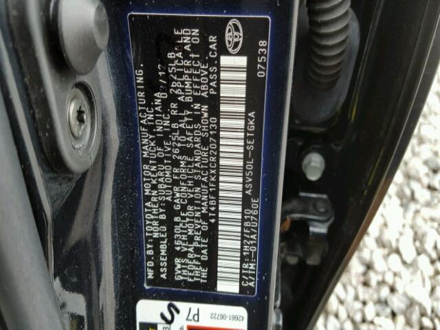 4T4BF1FKXCR207130 - 2012 TOYOTA CAMRY BASE BLACK photo 10