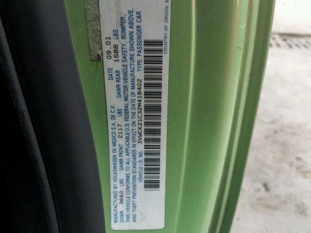 3VWCK21C32M418402 - 2002 VOLKSWAGEN NEW BEETLE მწვანე ფოტო 10