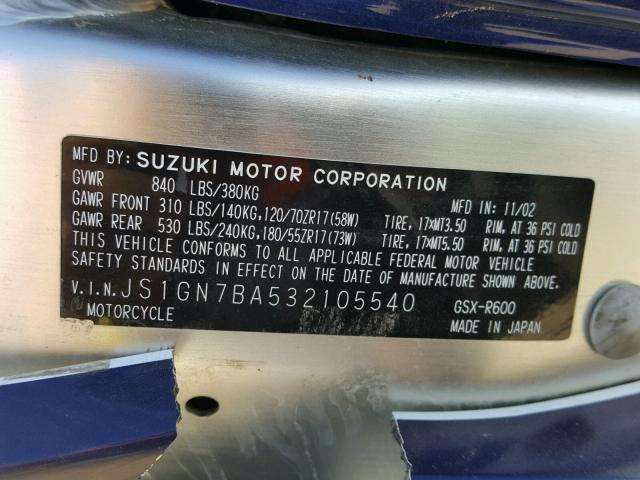 JS1GN7BA532105540 - 2003 SUZUKI GSX-R600 BLUE photo 10