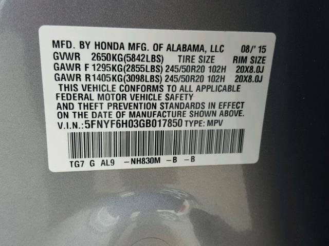 5FNYF6H03GB017850 - 2016 HONDA PILOT ELIT SILVER photo 10