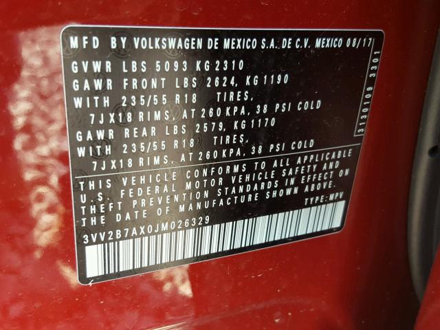 3VV2B7AX0JM026329 - 2018 VOLKSWAGEN TIGUAN SE Rot Foto 10