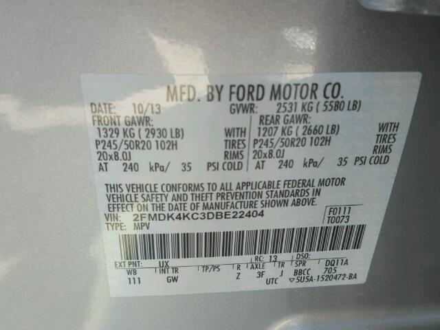 2FMDK4KC3DBE22404 - 2013 FORD EDGE LIMIT SILVER photo 10