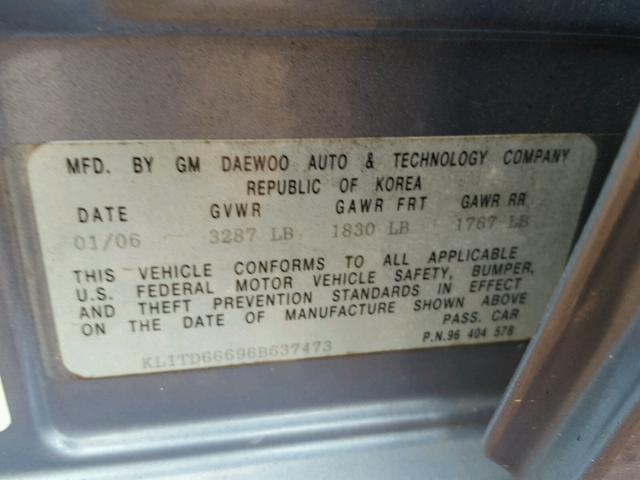 KL1TD66696B637473 - 2006 CHEVROLET AVEO BASE Көк фото 10