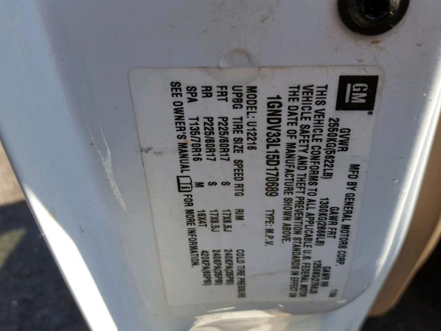 1GNDV33L15D170689 - 2005 CHEVROLET UPLANDER L 白色 照片 10