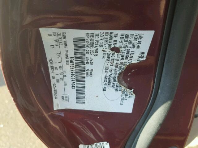 1FAFP55254G147043 - 2004 FORD TAURUS SES MAROON photo 10