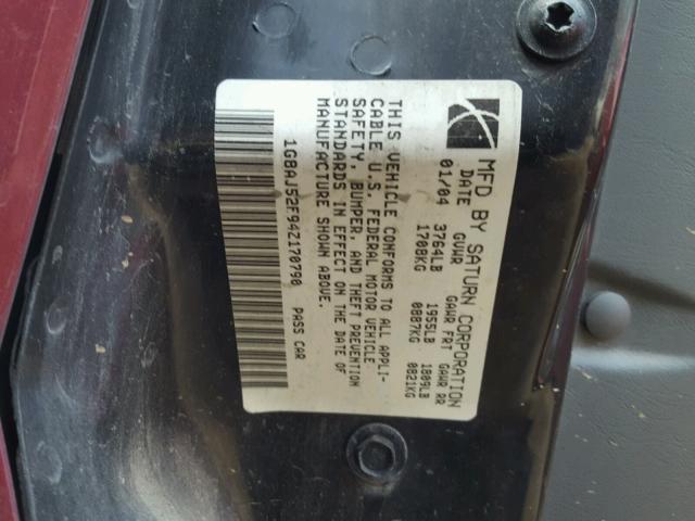 1G8AJ52F94Z170790 - 2004 SATURN ION LEVEL MAROON photo 10