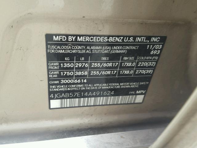 4JGAB57E14A491624 - 2004 MERCEDES-BENZ ML 350 GOLD photo 10