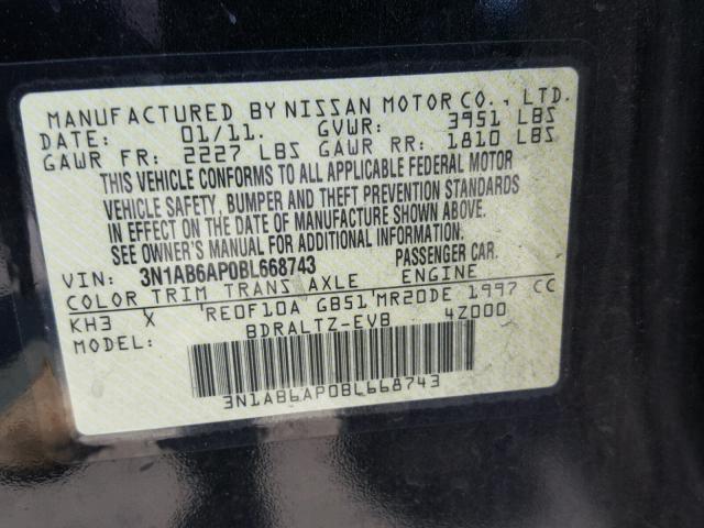 3N1AB6AP0BL668743 - 2011 NISSAN SENTRA 2.0 BLACK photo 10