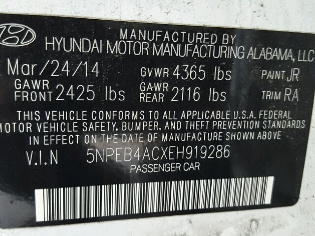 5NPEB4ACXEH919286 - 2014 HYUNDAI SONATA GLS WHITE photo 10