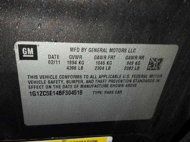 1G1ZC5E14BF304518 - 2011 CHEVROLET MALIBU 1LT GRAY photo 10