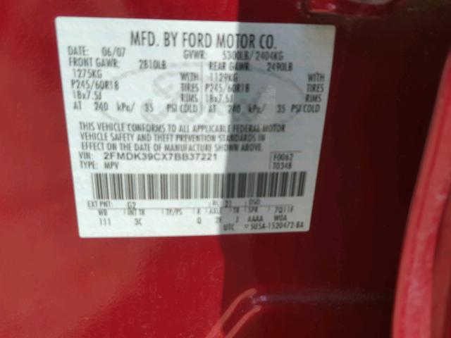 2FMDK39CX7BB37221 - 2007 FORD EDGE SEL P MAROON photo 10