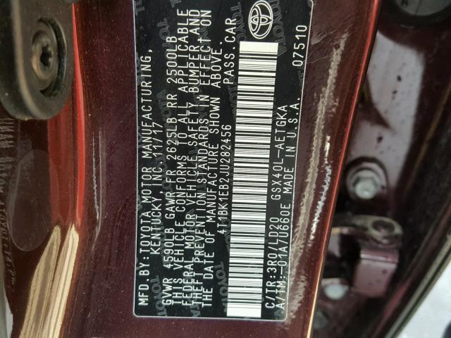 4T1BK1EB2JU282456 - 2018 TOYOTA AVALON XLE MAROON photo 10