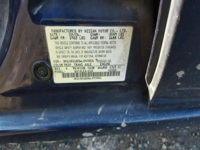 3N1CB51D06L547001 - 2006 NISSAN SENTRA BLUE photo 10