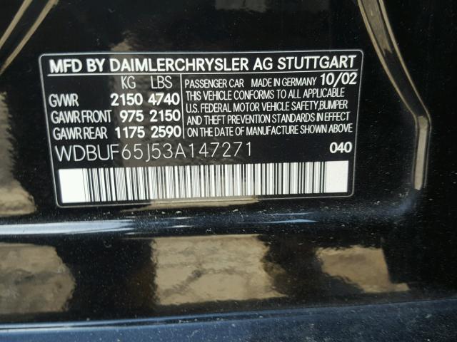 WDBUF65J53A147271 - 2003 MERCEDES-BENZ E 320 BLACK photo 10