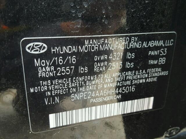 5NPE24AA6HH445016 - 2017 HYUNDAI SONATA ECO BLACK photo 10