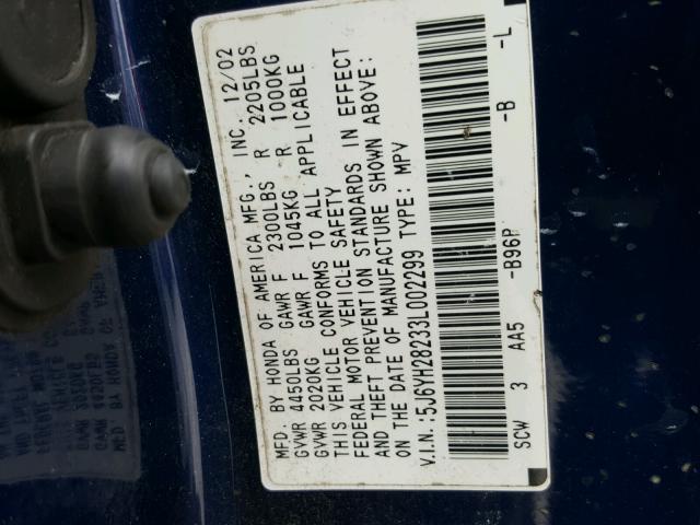 5J6YH28233L002299 - 2003 HONDA ELEMENT DX BLUE photo 10