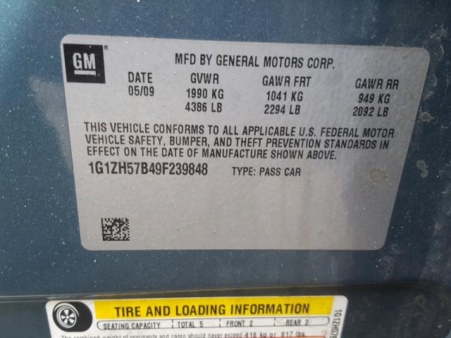 1G1ZH57B49F239848 - 2009 CHEVROLET MALIBU 1LT 绿色 照片 10