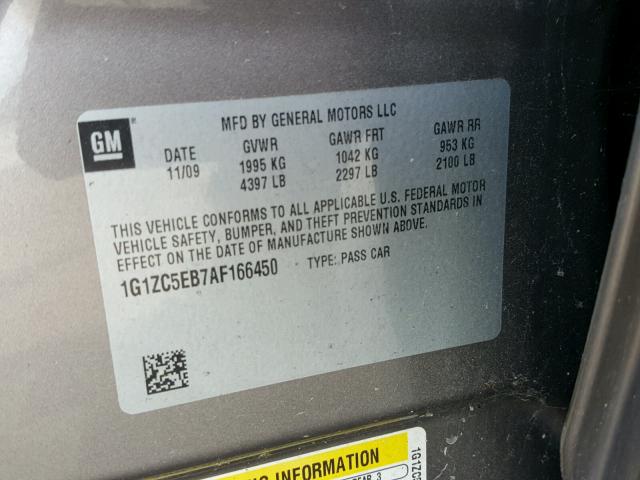 1G1ZC5EB7AF166450 - 2010 CHEVROLET MALIBU 1LT 米色 照片 10