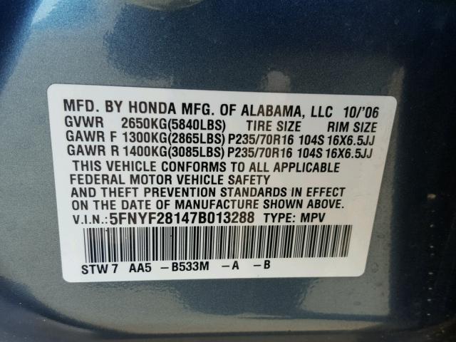 5FNYF28147B013288 - 2007 HONDA PILOT LX BLUE photo 10