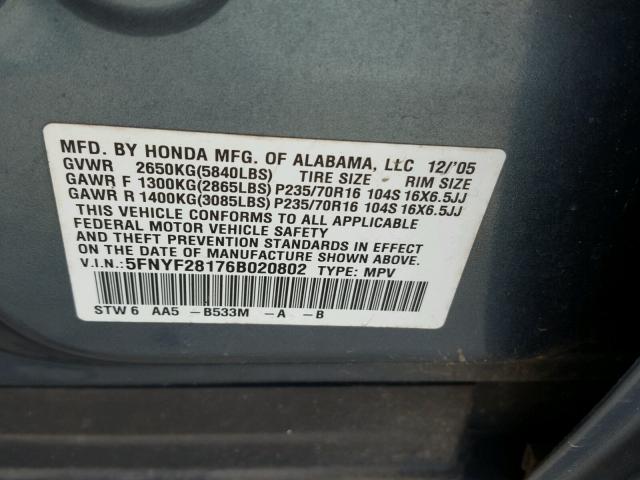 5FNYF28176B020802 - 2006 HONDA PILOT LX BLUE photo 10