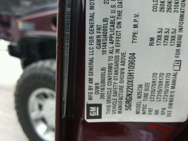 5GRGN22UX6H109604 - 2006 HUMMER H2 SUT MAROON photo 10