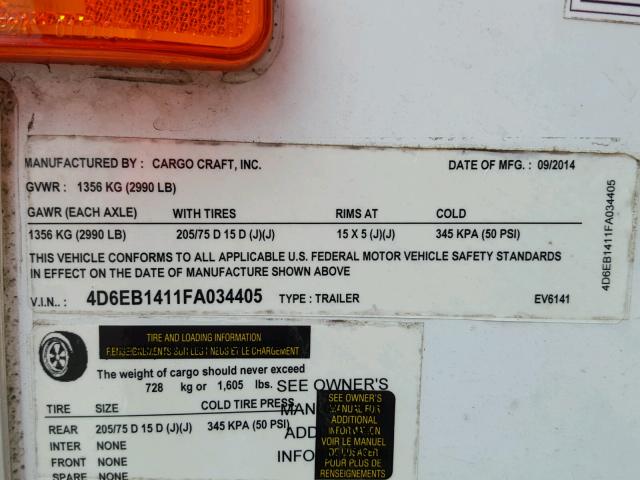 4D6EB1411FA034405 - 2015 CARGO TRAILER WHITE photo 10