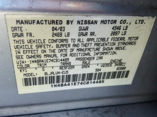 1N4BA41E74C814485 - 2004 NISSAN MAXIMA SE GRAY photo 10