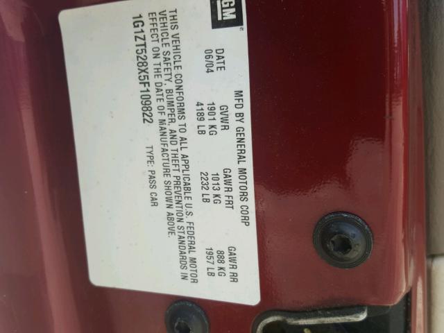 1G1ZT528X5F109822 - 2005 CHEVROLET MALIBU LS 栗色 照片 10